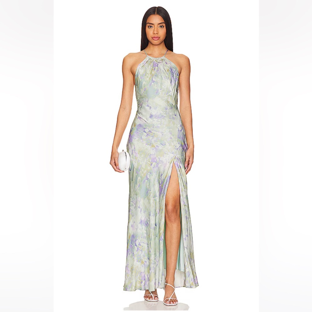 New Revolve ASTR Elynor Dress in Purple Abstract Sz Medium Long satin Maxi Gown